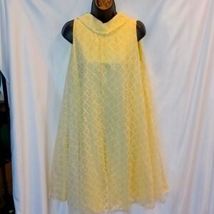 Toni Lynn Vintage 60s Dress, Lemon yellow, lace overlay, Size 9, 19" PTP, 36"L